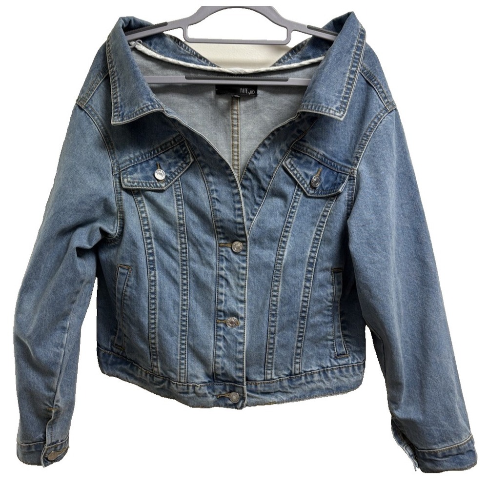 Fate by LFD Light Wash Denim‎ Jacket Women Large Off Shoulder Slouchy Grunge